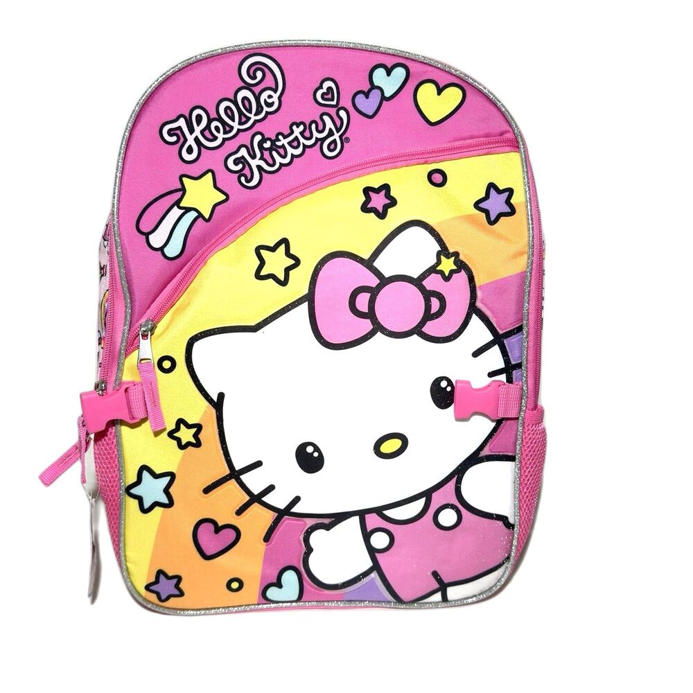 Sanrio Hello Kitty Girls Rainbow Glitter School Backpack Zip 17x12x4 NWT